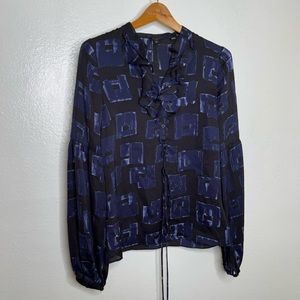 Ted Baker 100% Silk Blue Black Long Sleeve Blouse 6